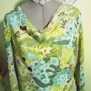COLDWATER CREEK Tunic Blouse Top S Blue Green Leaf Chiffon Scoop Asymmetric hem